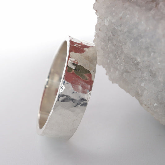 Silver hammered commitment, promise, engagement ring - flat textured wide band - Keswick design.