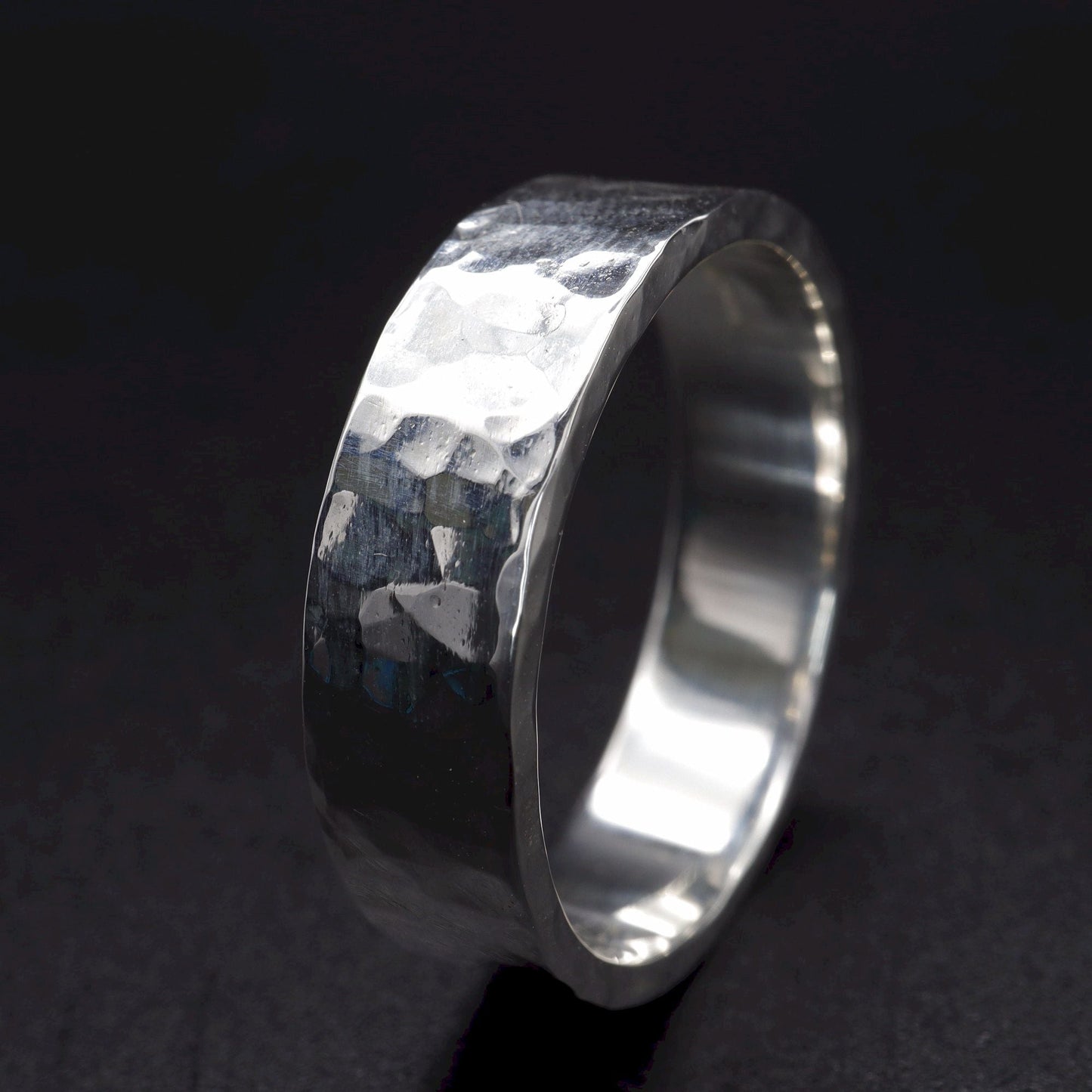 Silver hammered commitment, promise, engagement ring - flat textured wide band - Keswick design.