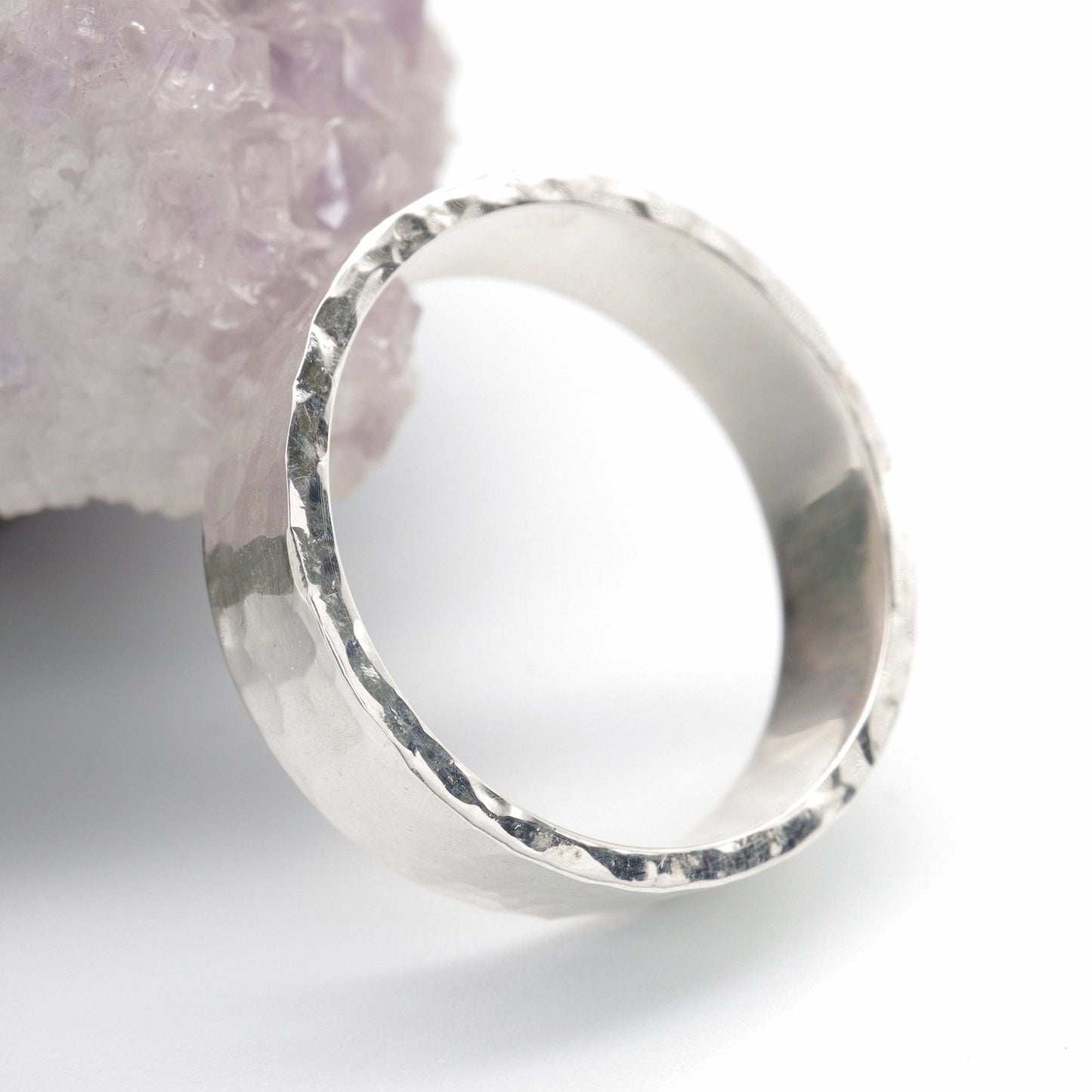 Silver hammered commitment, promise, engagement ring - flat textured wide band - Keswick design.