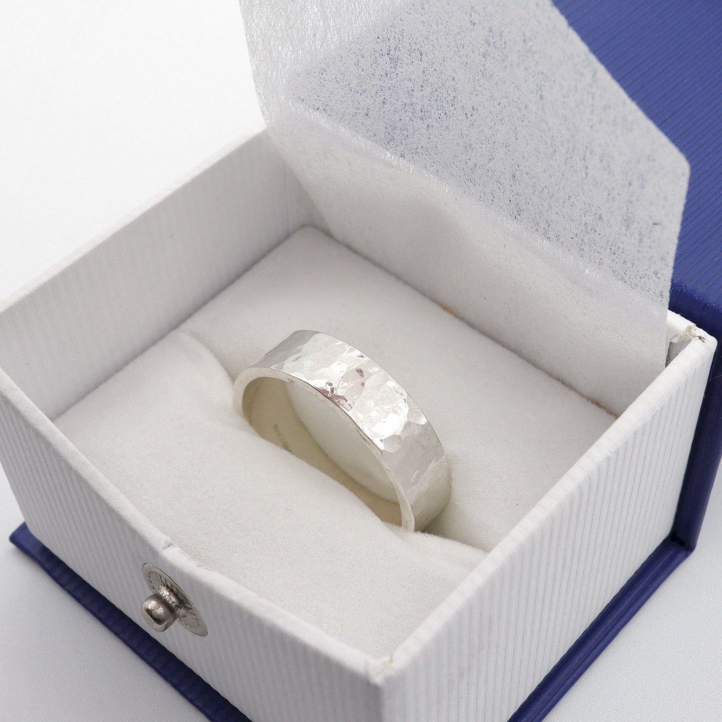 Silver hammered commitment, promise, engagement ring - flat textured wide band - Keswick design.