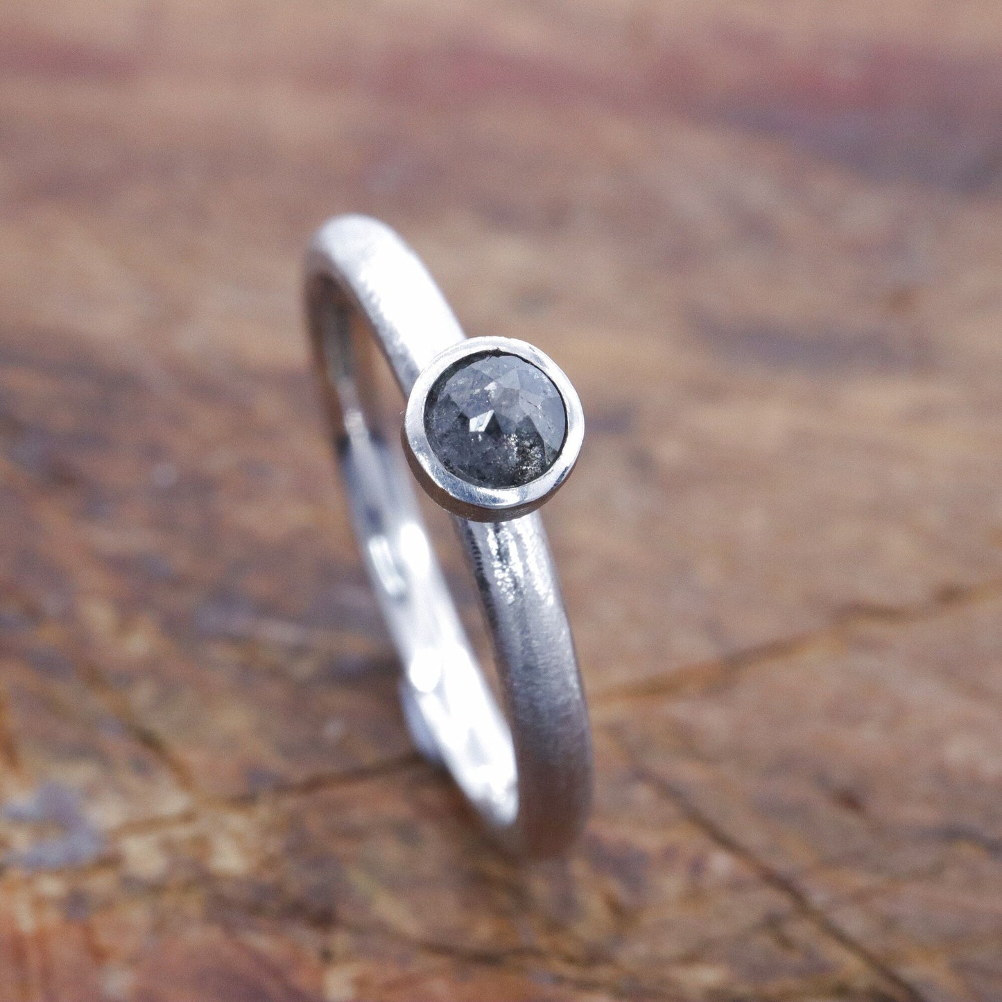 Salt and pepper solitaire diamond ring, Mountain Raindrop design