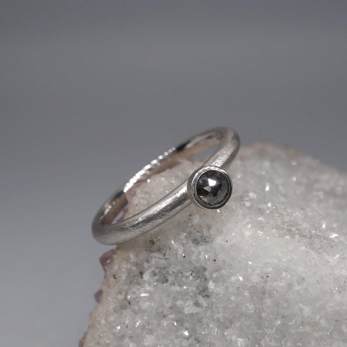 Salt and pepper solitaire diamond ring, Mountain Raindrop design