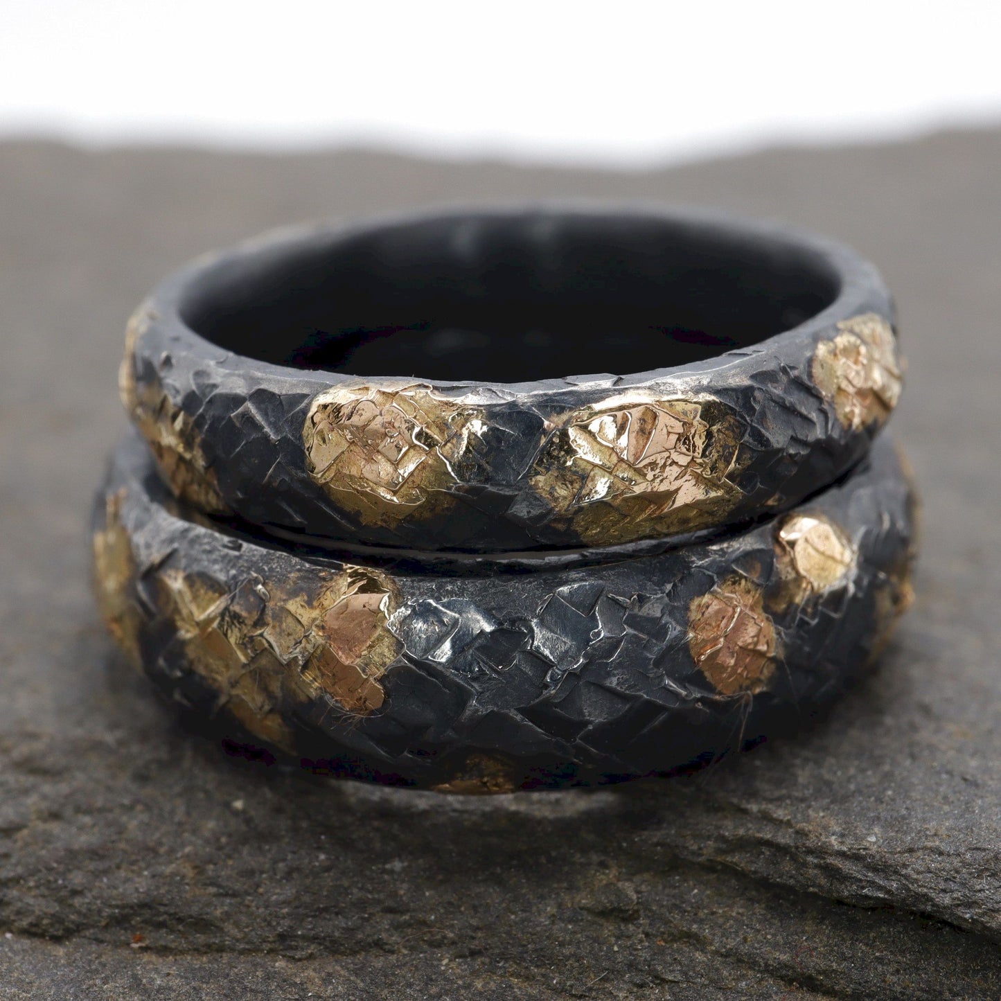Black wedding ring set, black silver and gold hammered Night Sky design, 4mm and 6mm.