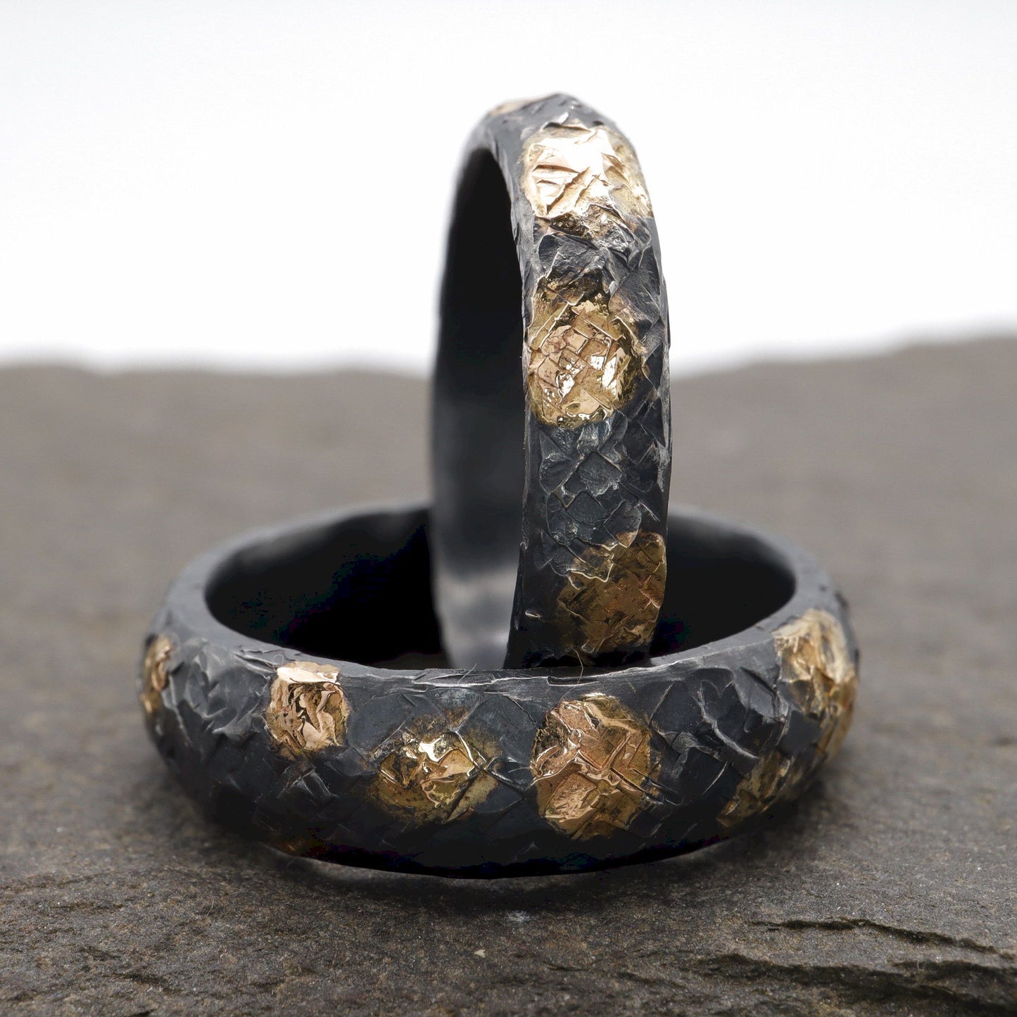 Black wedding ring set, black silver and gold hammered Night Sky design, 4mm and 6mm.