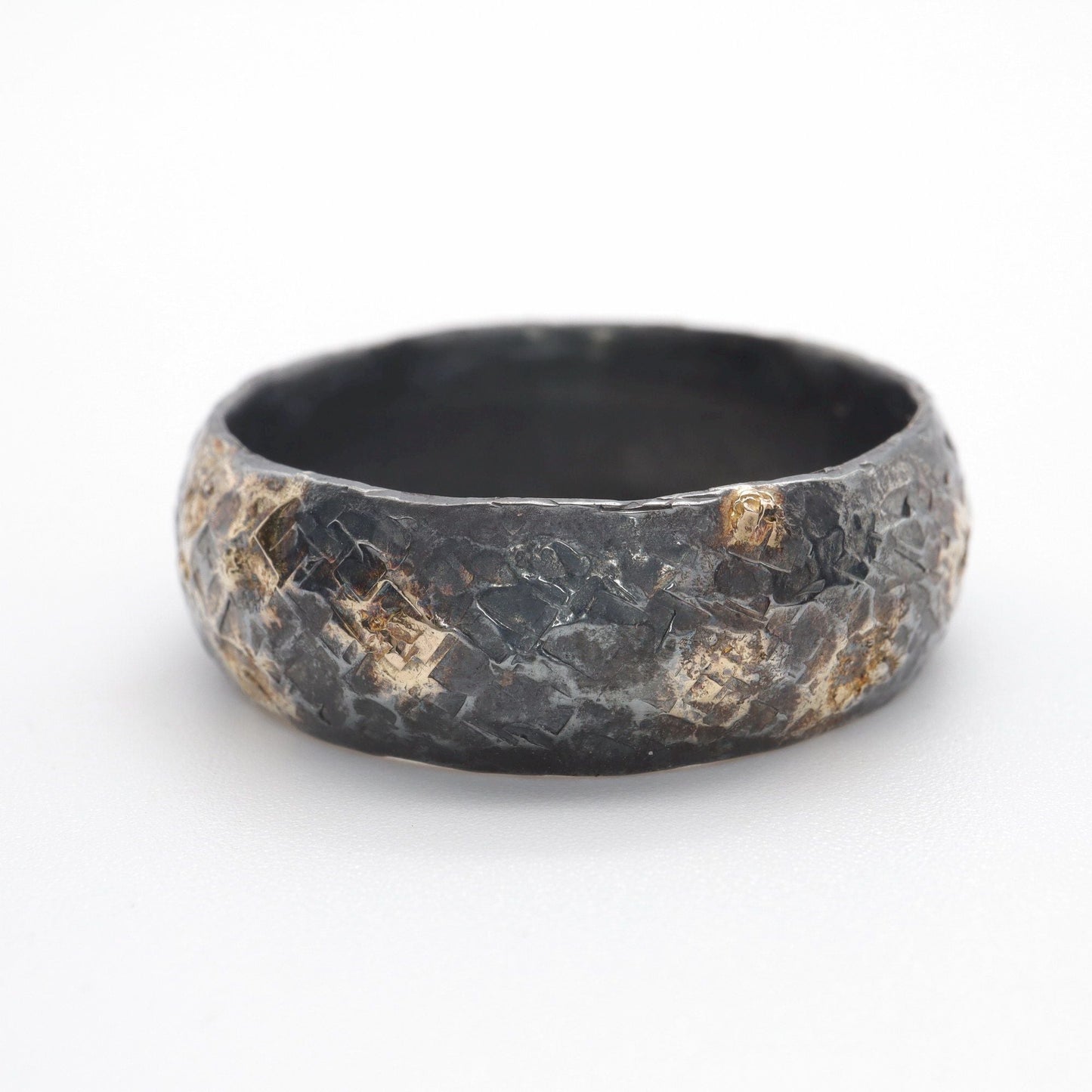Black silver and gold Mens engagement hammered ring, Night Sky design.