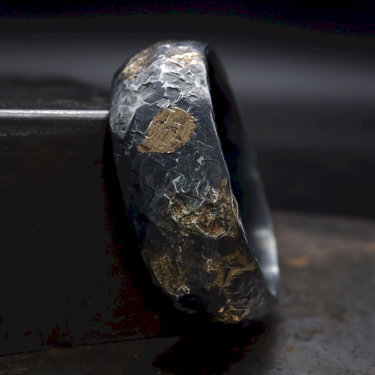 Black silver and gold Mens engagement hammered ring, Night Sky design.