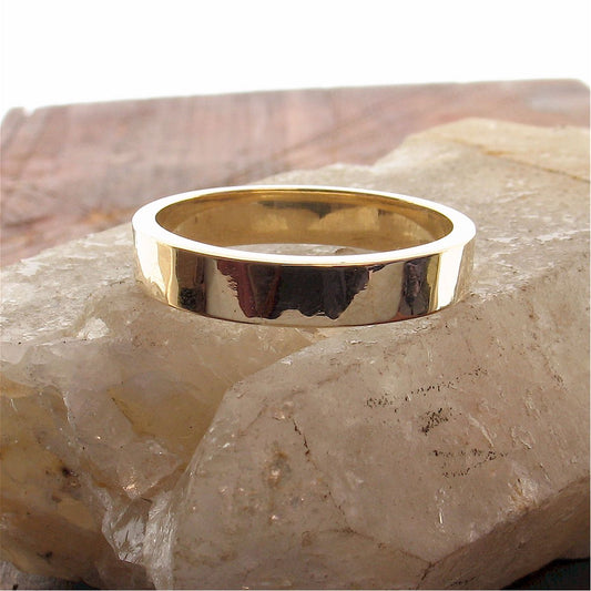 Matching Water Ripples gold wedding ring set - flat hammered men and womens bands.