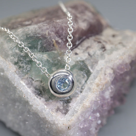 Aquamarine runner pendant, silver slider button design, March Birthstone