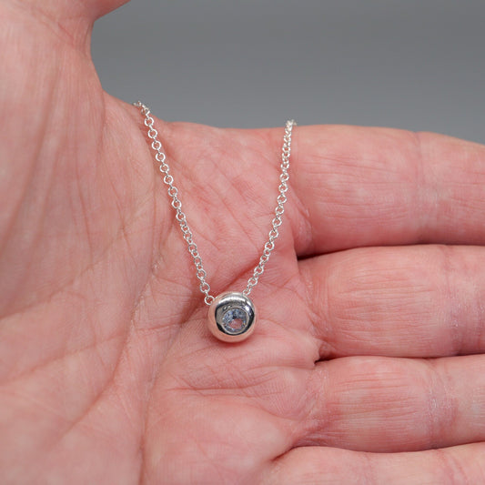 Aquamarine runner pendant, silver slider button design, March Birthstone