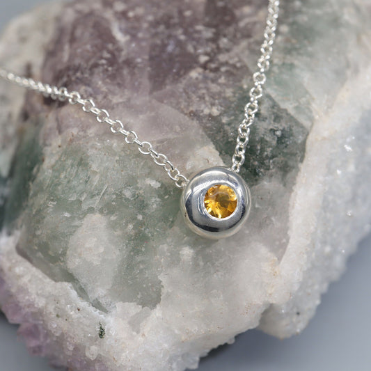Citrine runner pendant, silver slider button design, November Birthstone