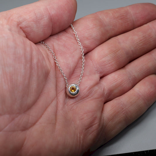 Citrine runner pendant, silver slider button design, November Birthstone