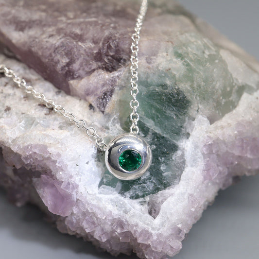 Emerald runner pendant, silver slider button design, May Birthstone