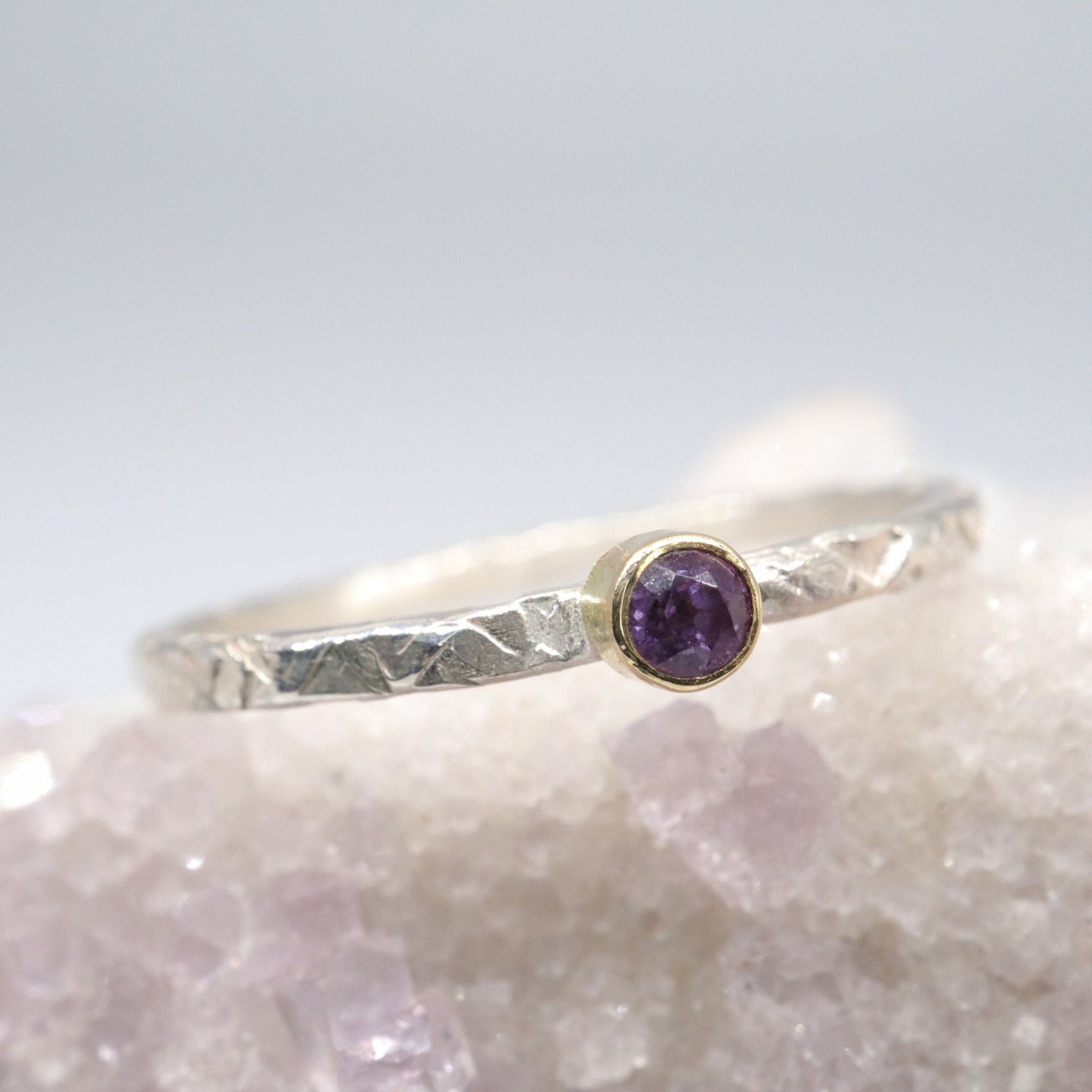 Amethyst 18ct gold and silver stacking ring, Striding Edge design.