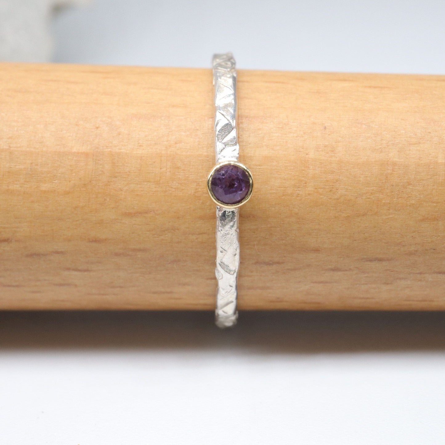 Amethyst 18ct gold and silver stacking ring, Striding Edge design.