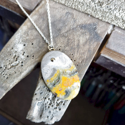 Bumblebee Jasper oval drop gold and silver pendant