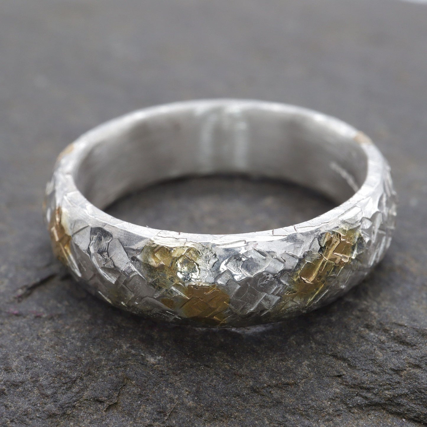 Silver Sunrise 6mm wedding ring with rustic hammered surface. Original design handmade band