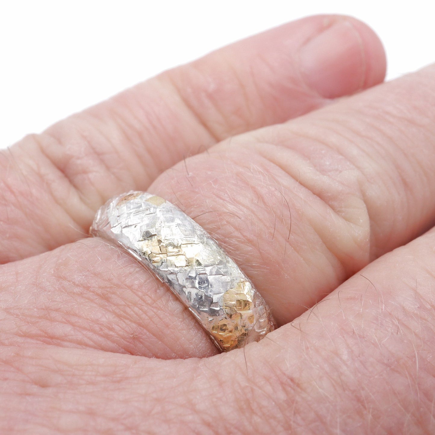 Silver Sunrise 6mm wedding ring with rustic hammered surface. Original design handmade band