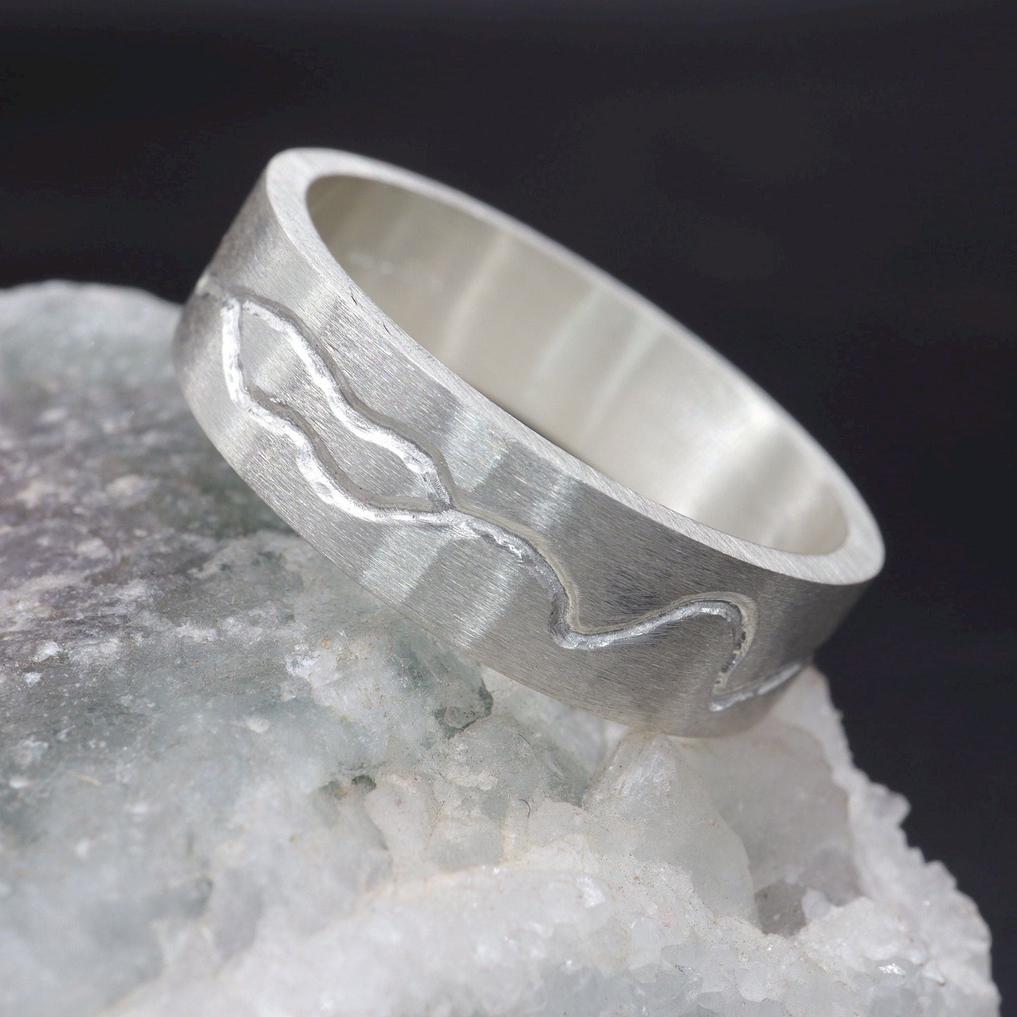 Commitment, Promise, Engagement mens ring - flat carved textured band - Water Beck design.