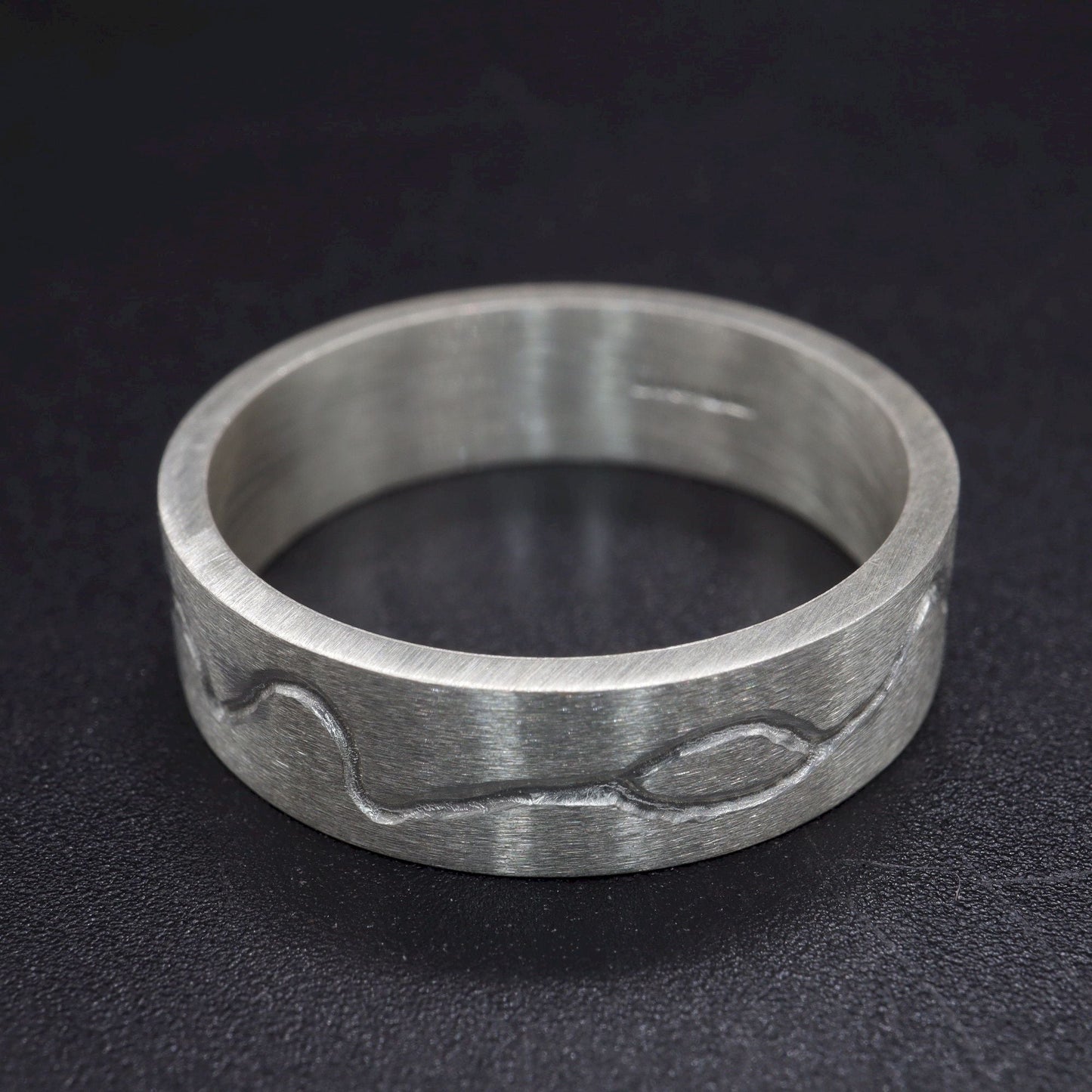 Commitment, Promise, Engagement mens ring - flat carved textured band - Water Beck design.