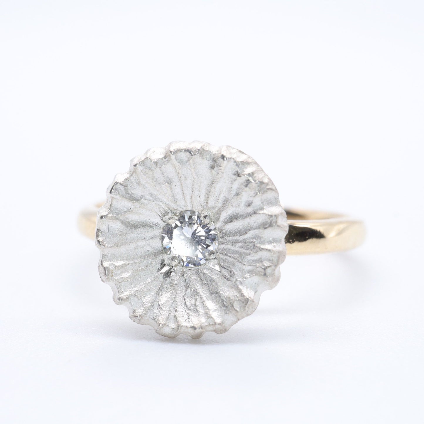 Diamond set Water Lilies yellow gold solitaire ring.