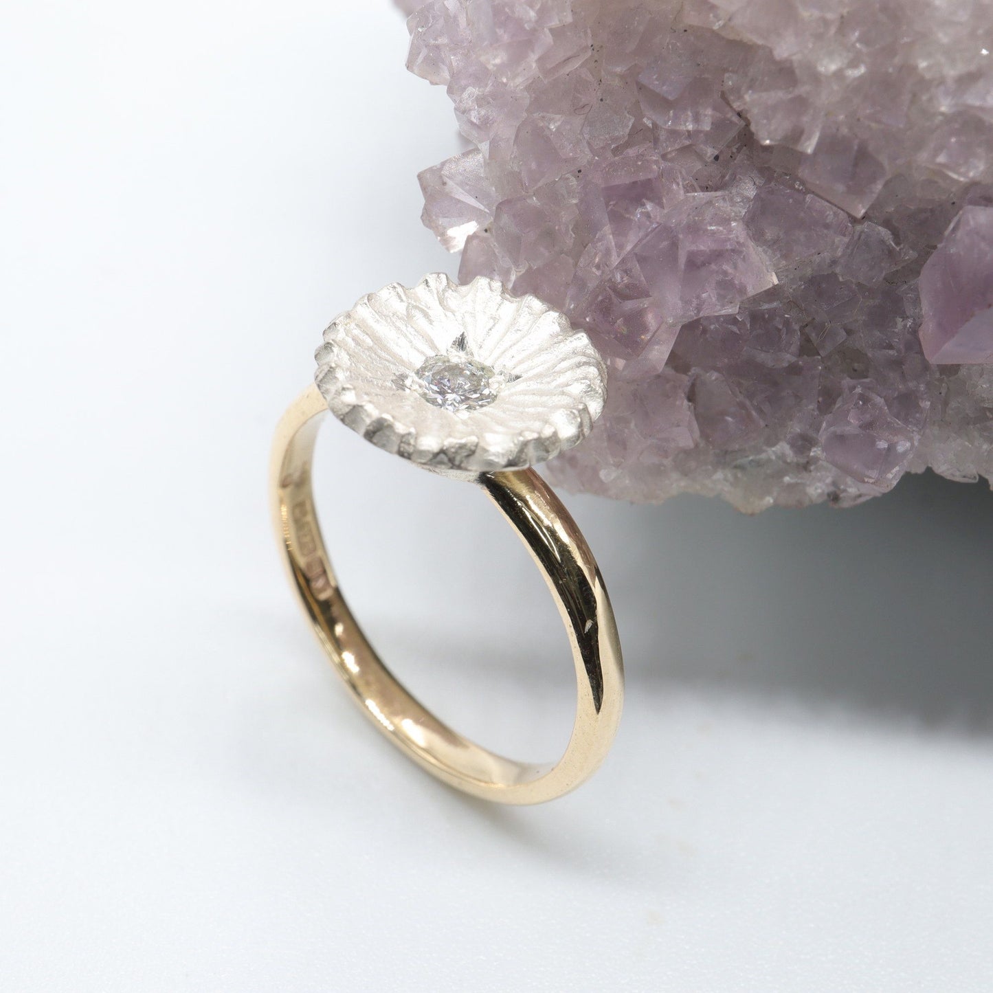 Diamond set Water Lilies yellow gold solitaire ring.