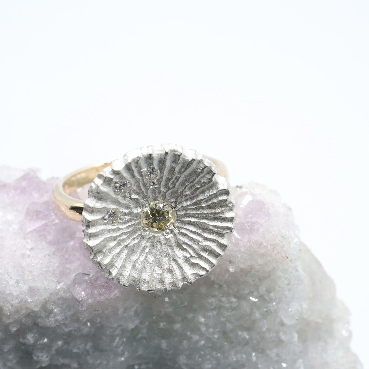 Yellow diamond gold cluster ring, Water Lilies design.