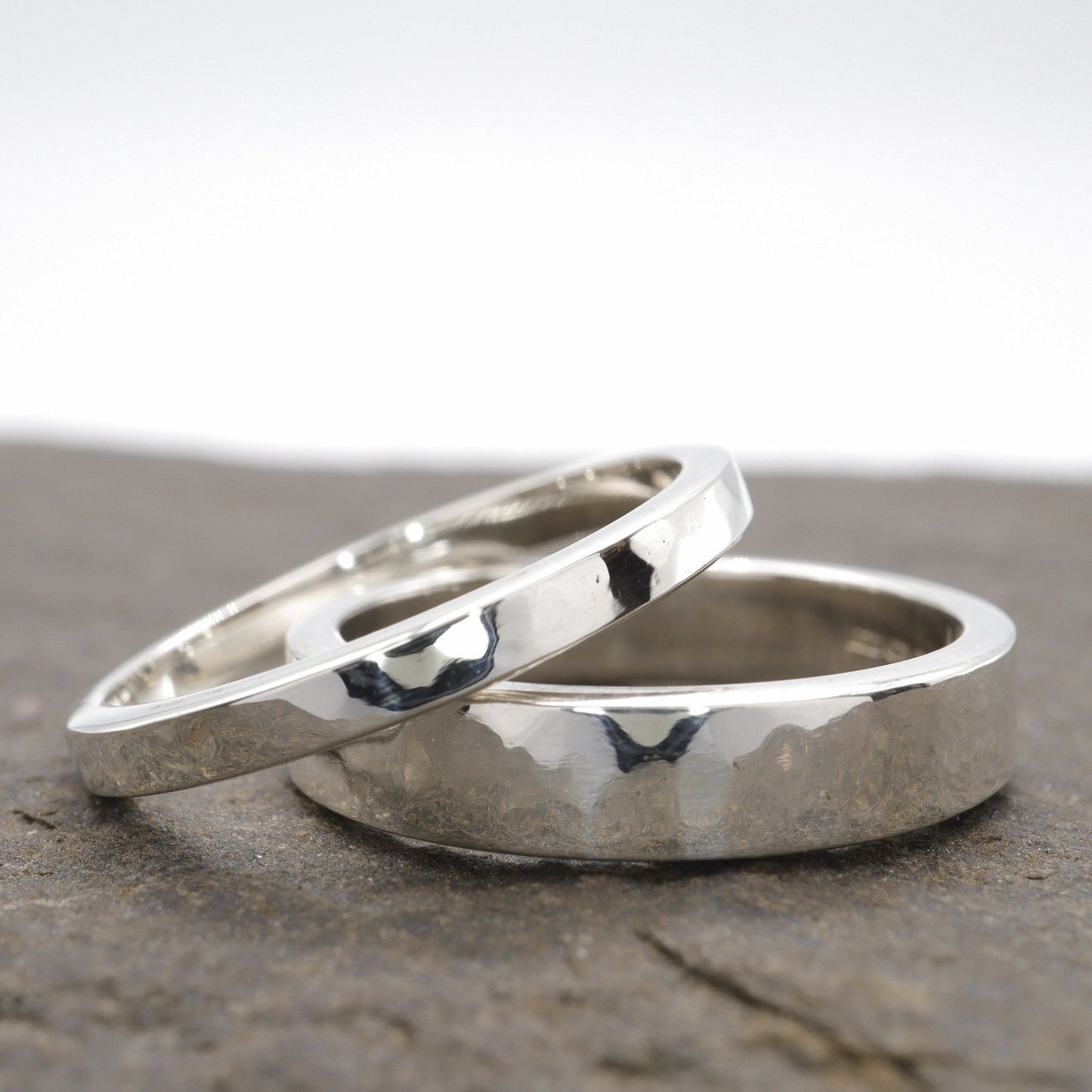 Matching Water Ripples silver hammered wedding ring set