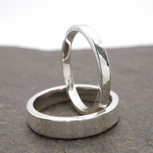 Matching Water Ripples gold wedding ring set - flat hammered men and womens bands.