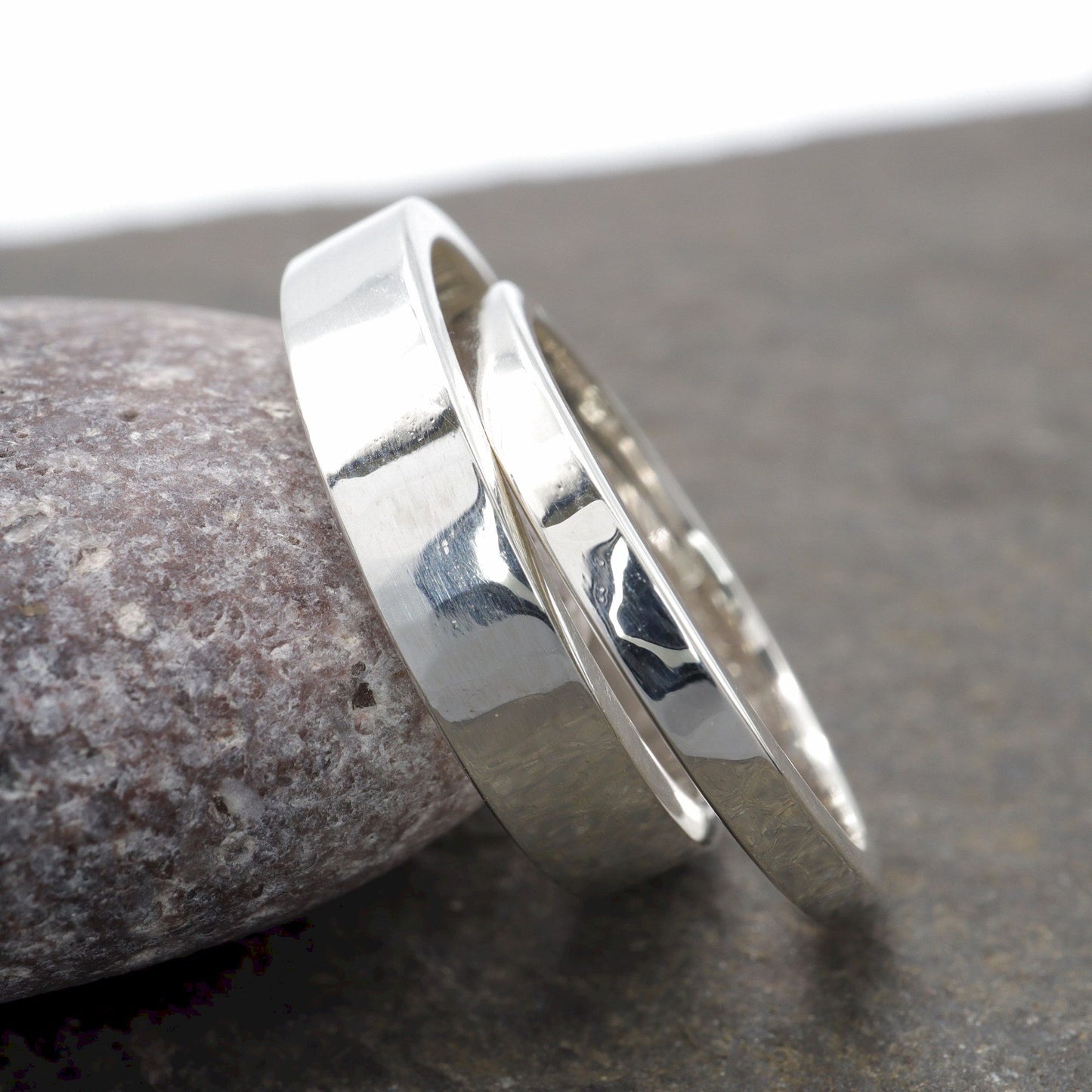 Matching Water Ripples silver hammered wedding ring set