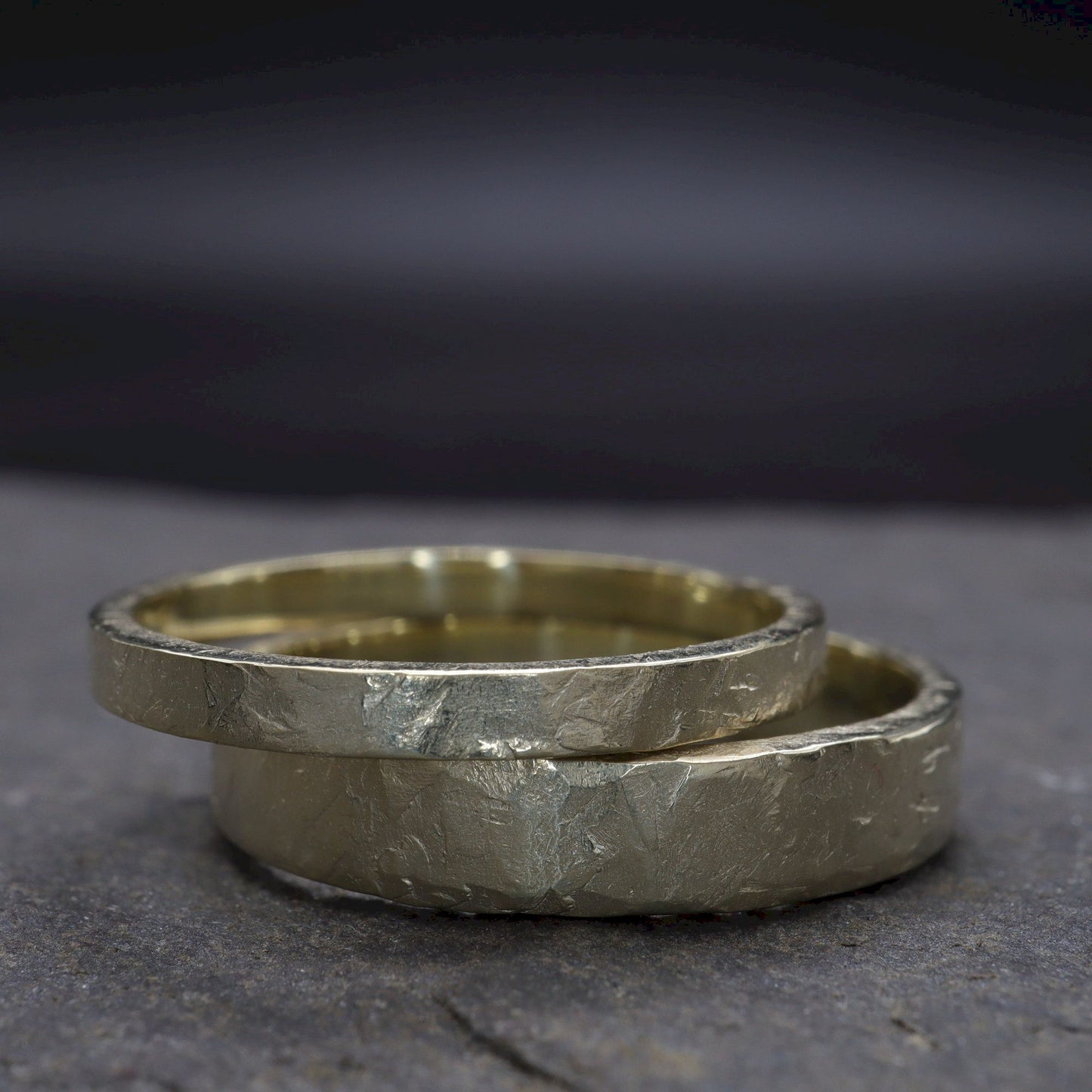 Matching wedding ring set - Windermere gold design, rustic flat hammered textured band - for men and women