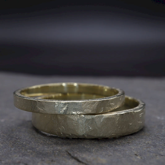 Matching wedding ring set - Windermere gold design, rustic flat hammered textured band - for men and women