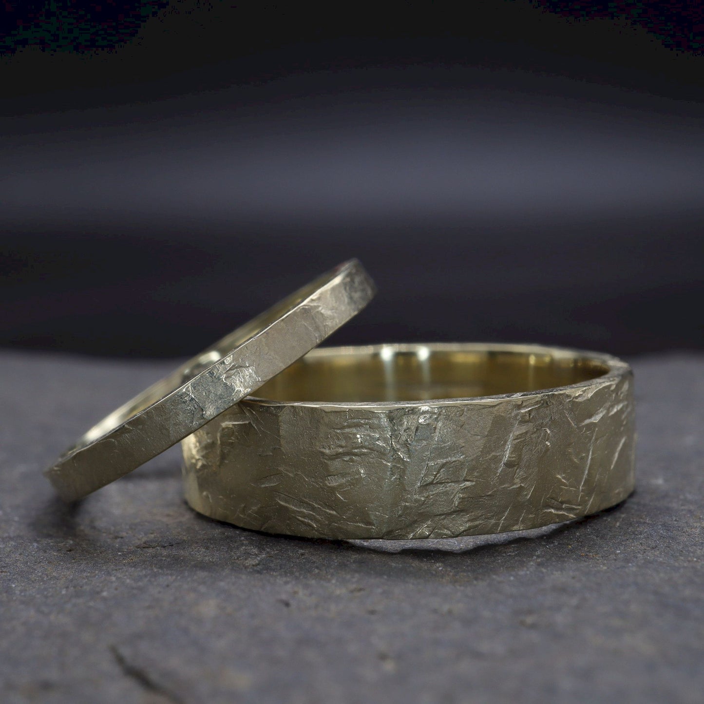 Matching wedding ring set - Windermere gold design, rustic flat hammered textured band - for men and women