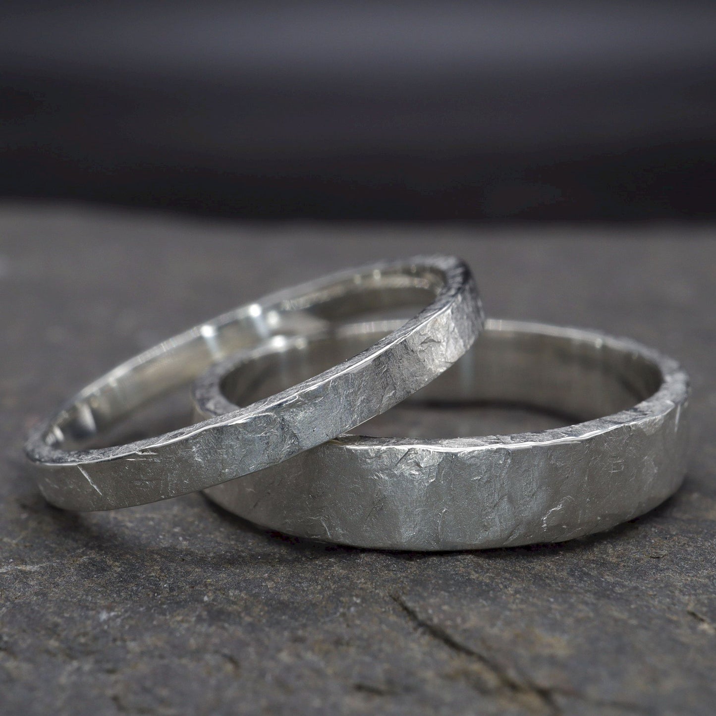 Windermere silver matching wedding ring set - rustic flat hammered textured band - original men`s and women`s design - 2mm and 4mm.