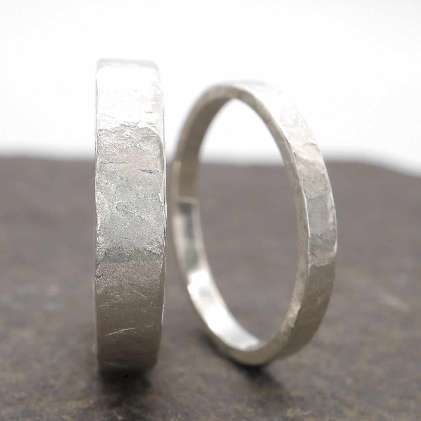 White gold matching wedding ring set - rustic flat hammered textured band - original men`s and women`s, Windermere design - 2mm and 4mm.