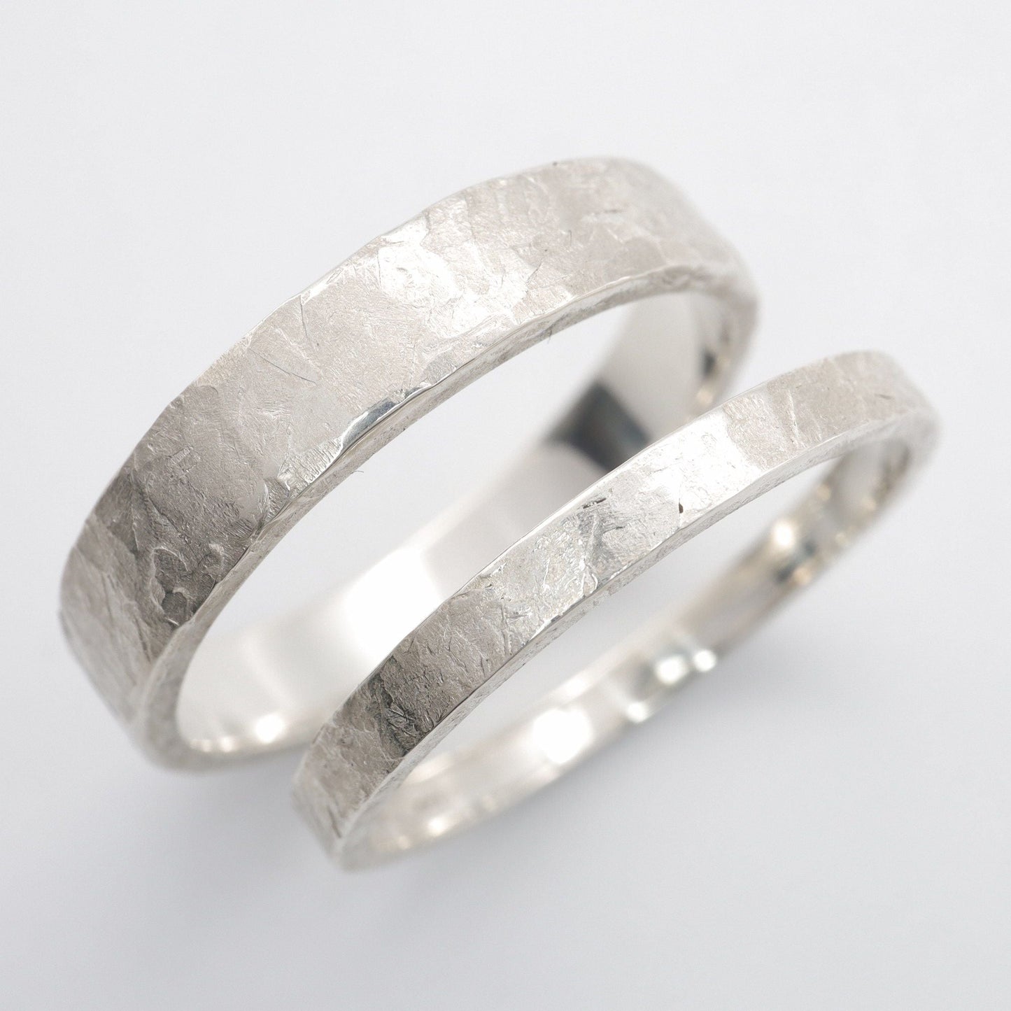 White gold matching wedding ring set - rustic flat hammered textured band - original men`s and women`s, Windermere design - 2mm and 4mm.