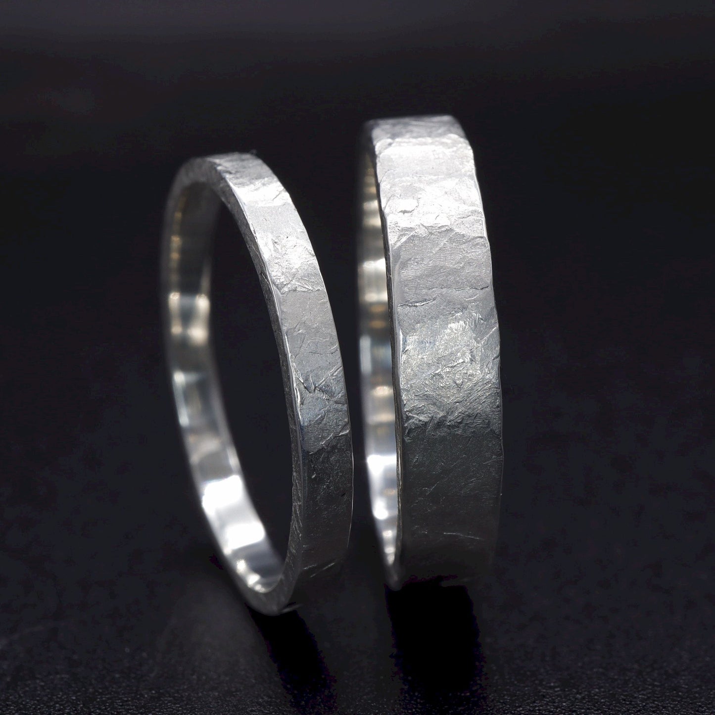 Windermere silver matching wedding ring set - rustic flat hammered textured band - original men`s and women`s design - 2mm and 4mm.