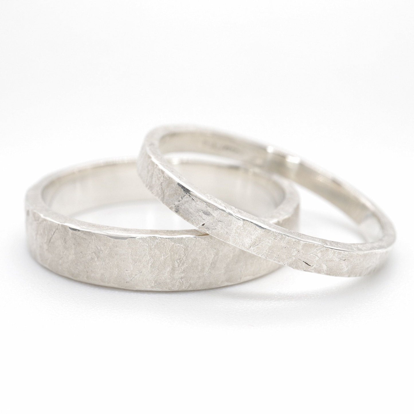 White gold matching wedding ring set - rustic flat hammered textured band - original men`s and women`s, Windermere design - 2mm and 4mm.