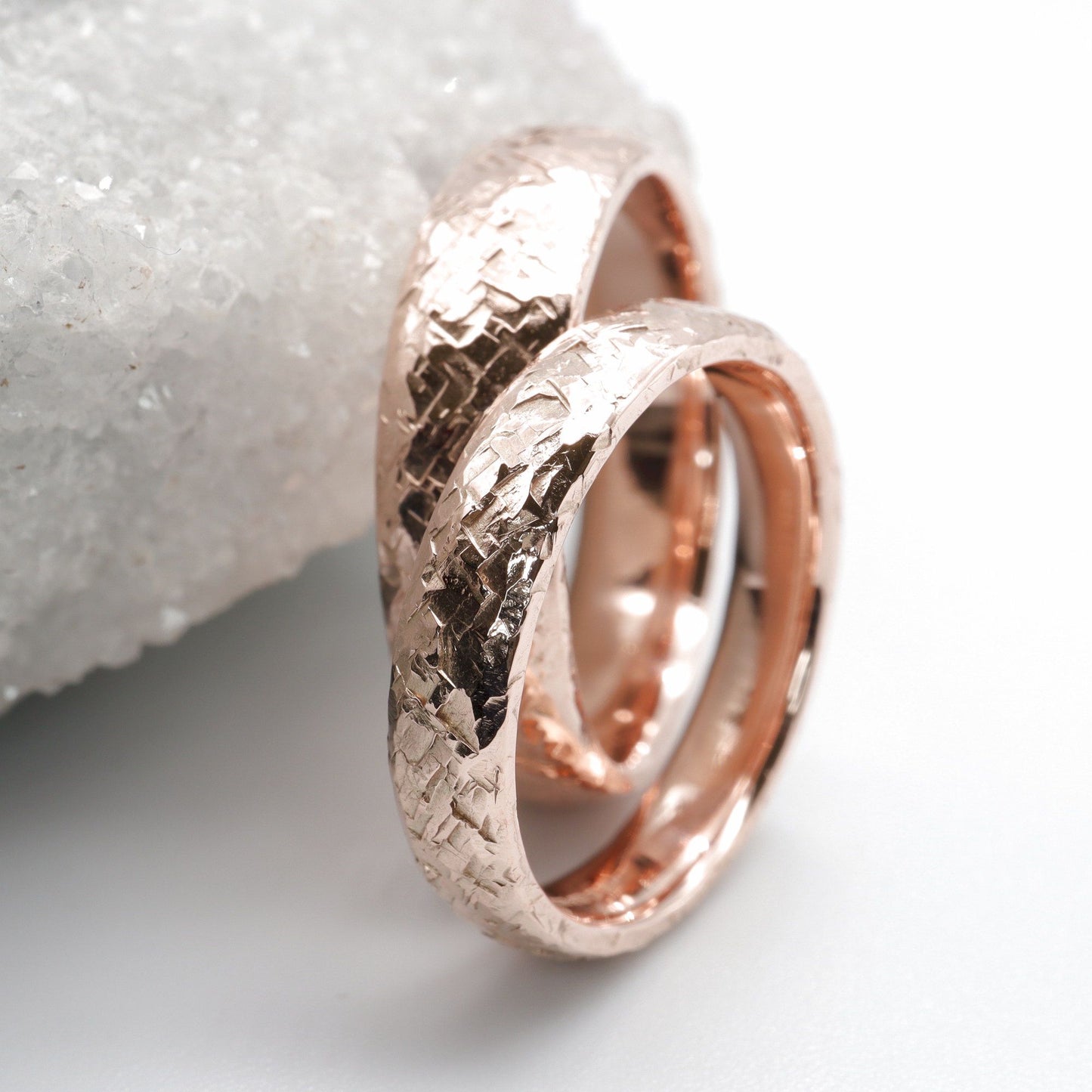Fire Hammered matching rose gold set, 4mm and 6mm wedding designs.