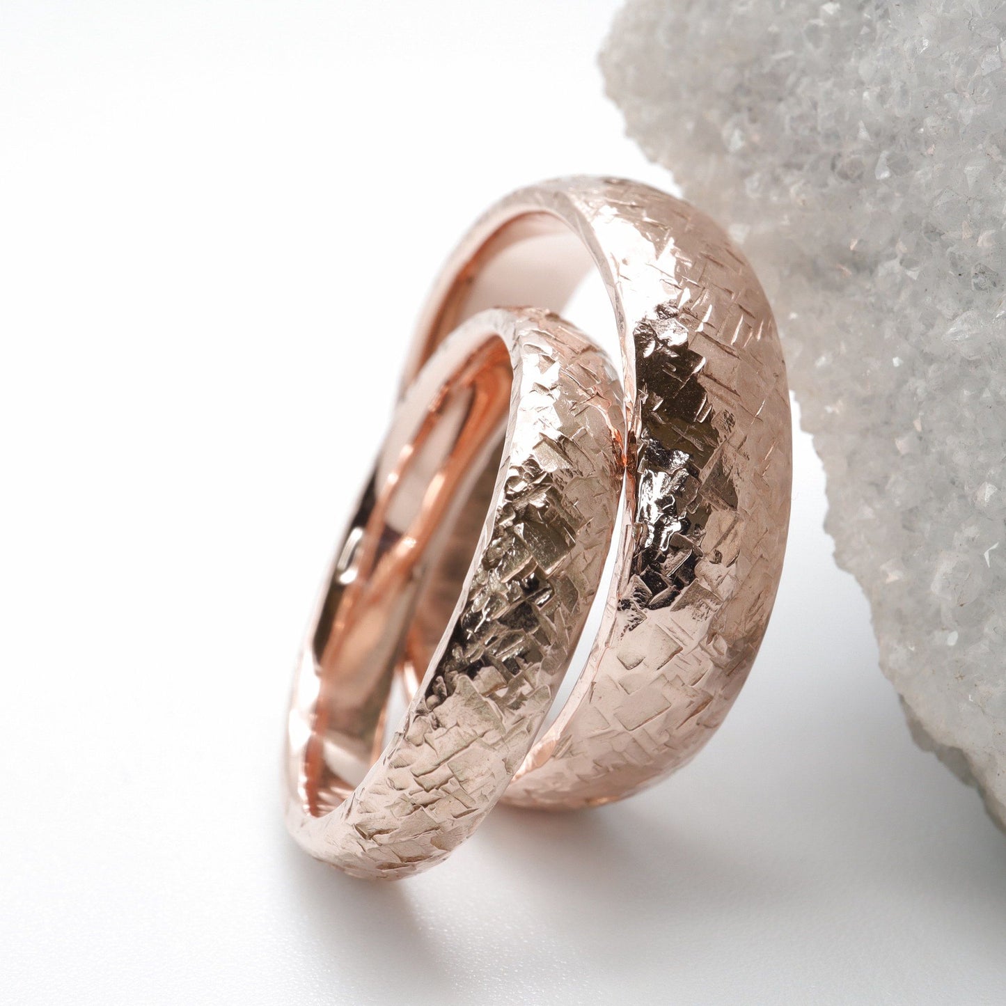 Fire Hammered matching rose gold set, 4mm and 6mm wedding designs.