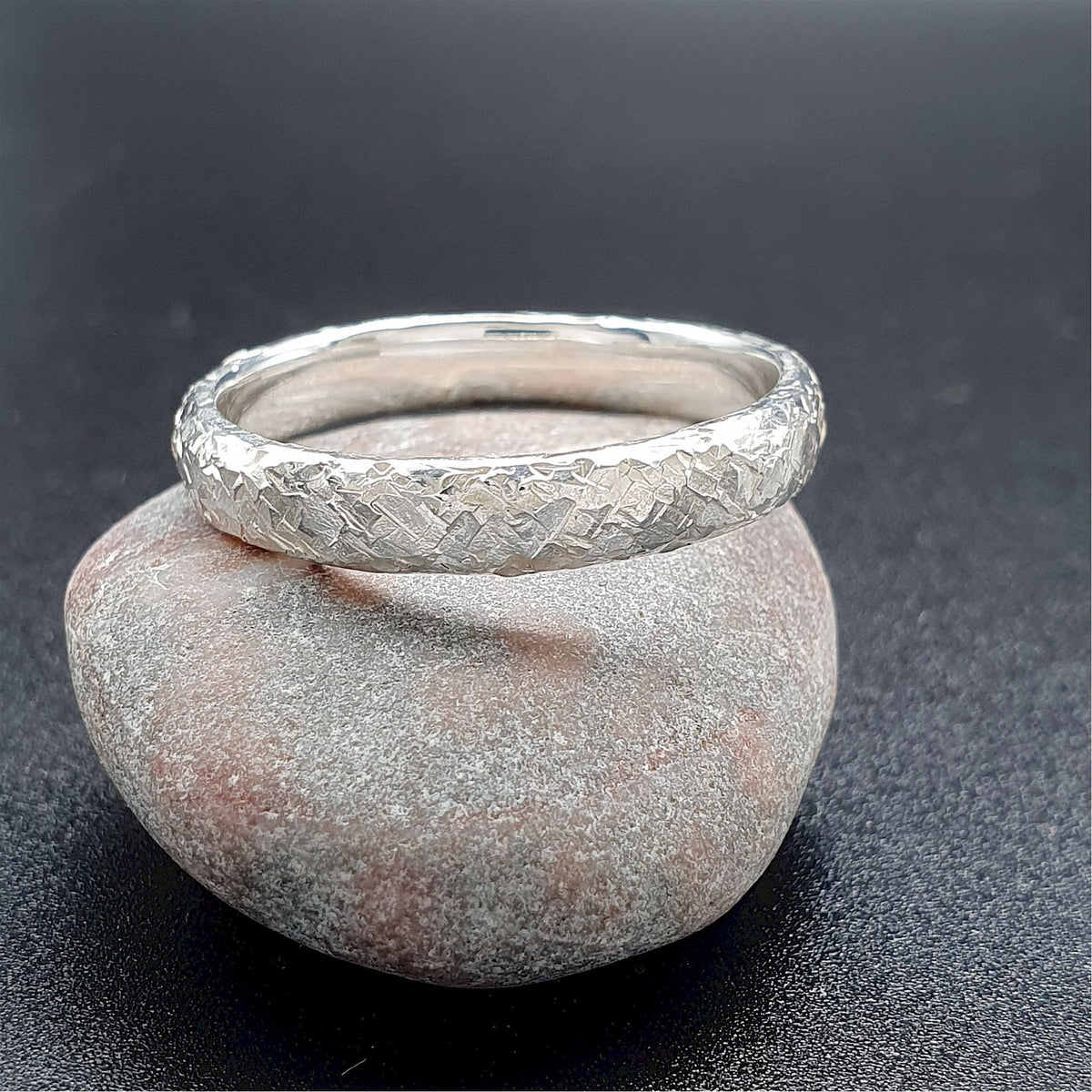 Wedding ring, thin silver Fire hammered design – Cumbrian Designs Jewellery