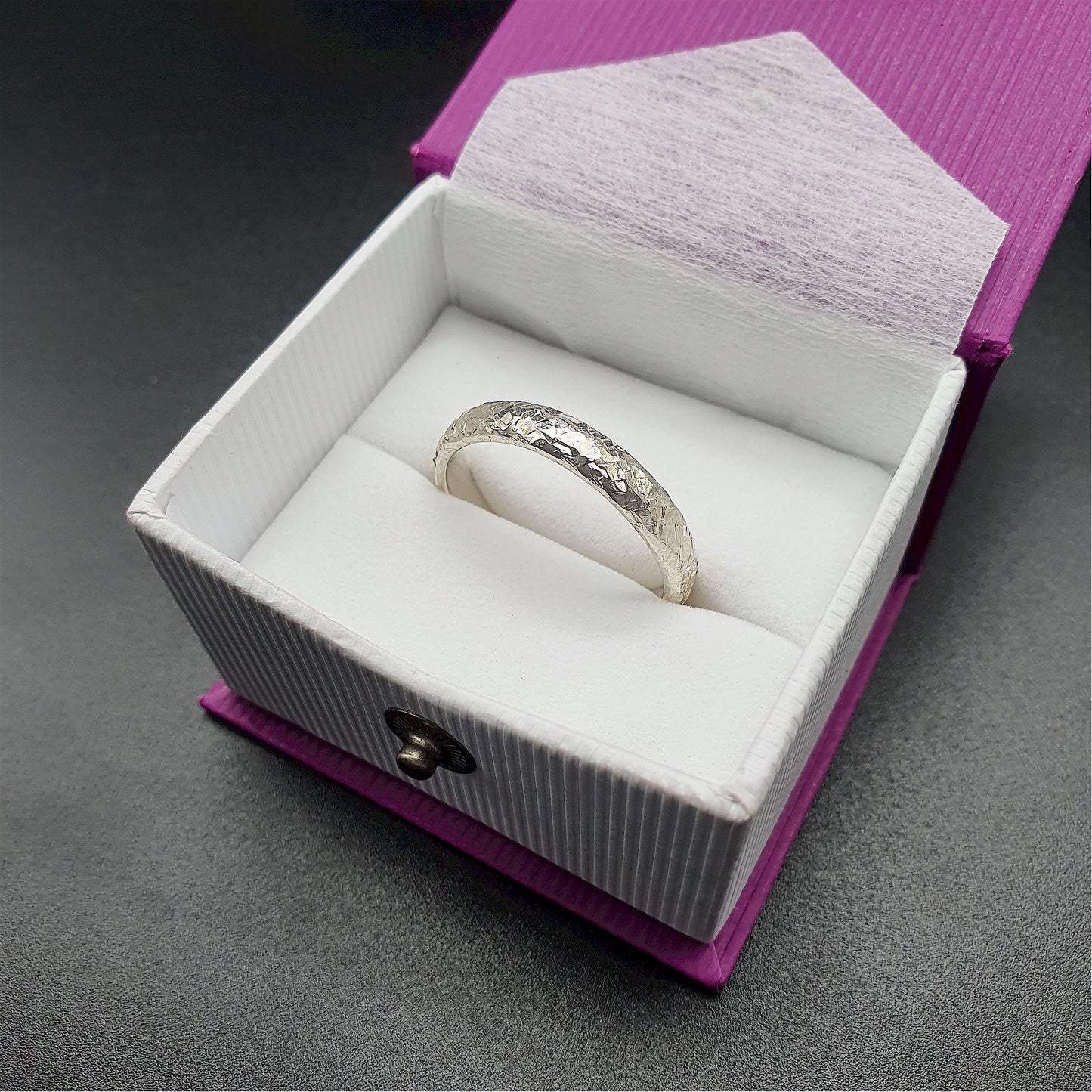 Wedding ring, thin silver Fire hammered design - Cumbrian Designs