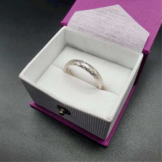Wedding ring, thin silver Fire hammered design – Cumbrian Designs Jewellery