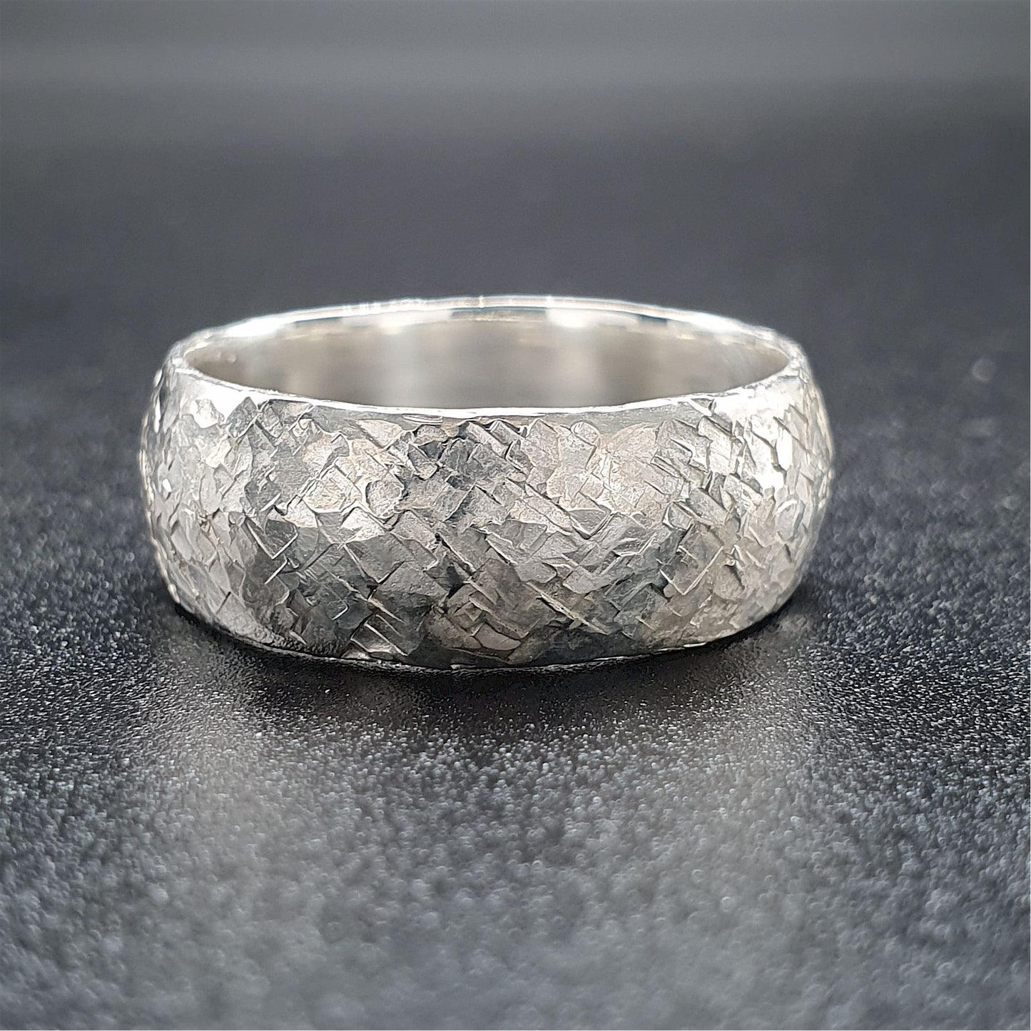 Wedding ring, broad silver Fire hammered design - Cumbrian Designs