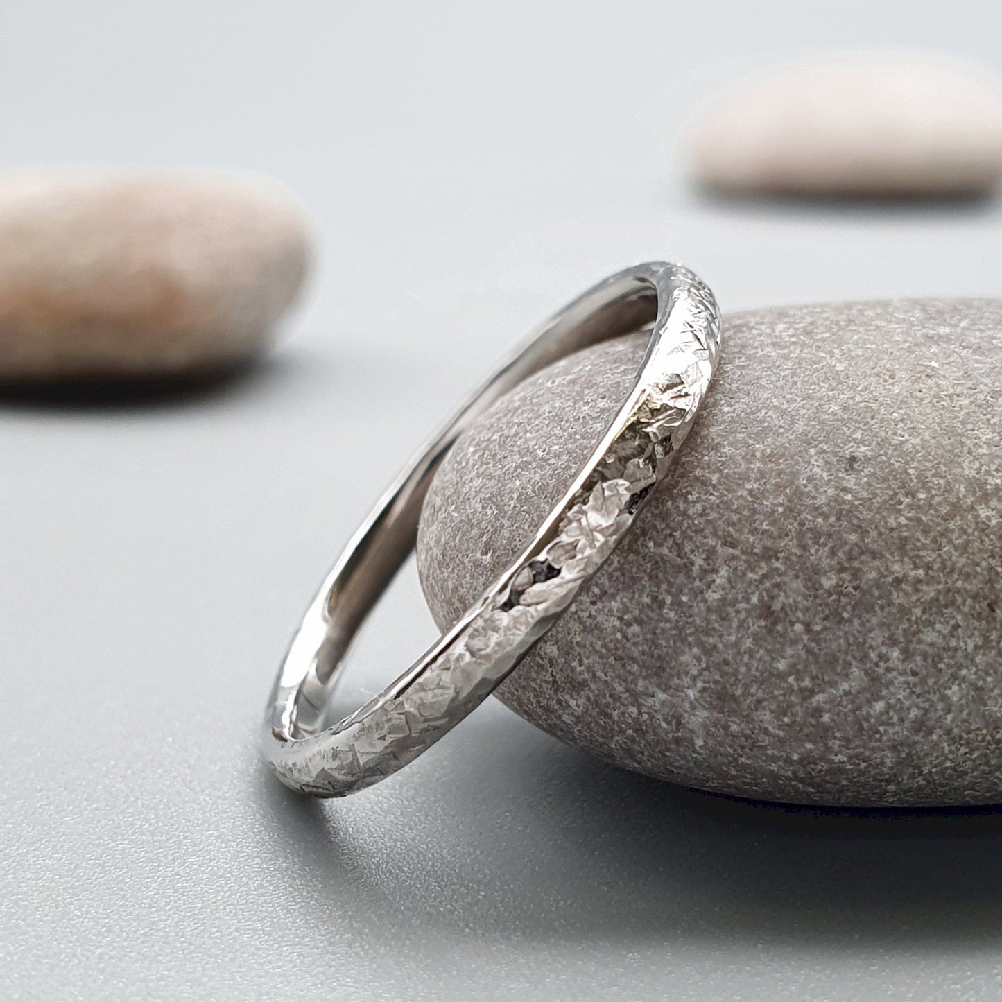 Wedding ring, thin white gold Fire hammered design