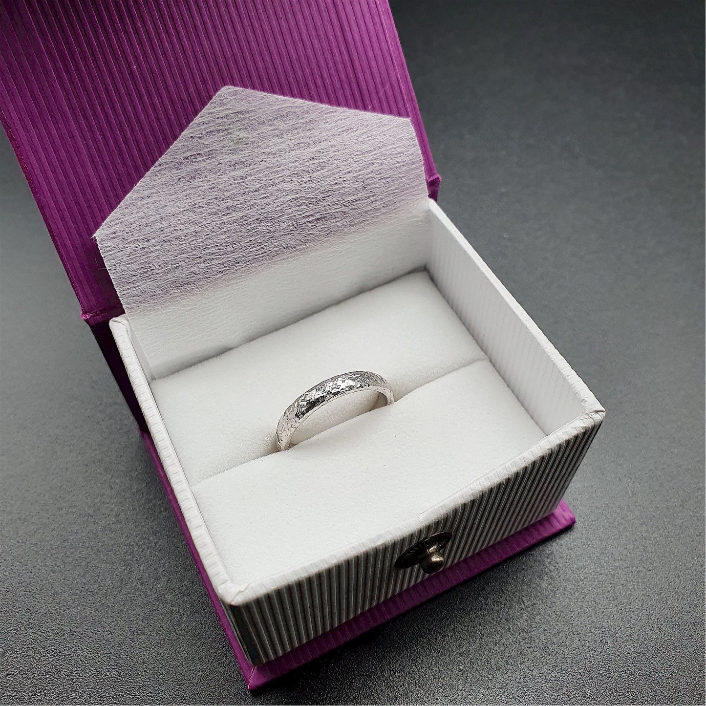 Wedding ring, thin white gold Fire hammered design - Cumbrian Designs