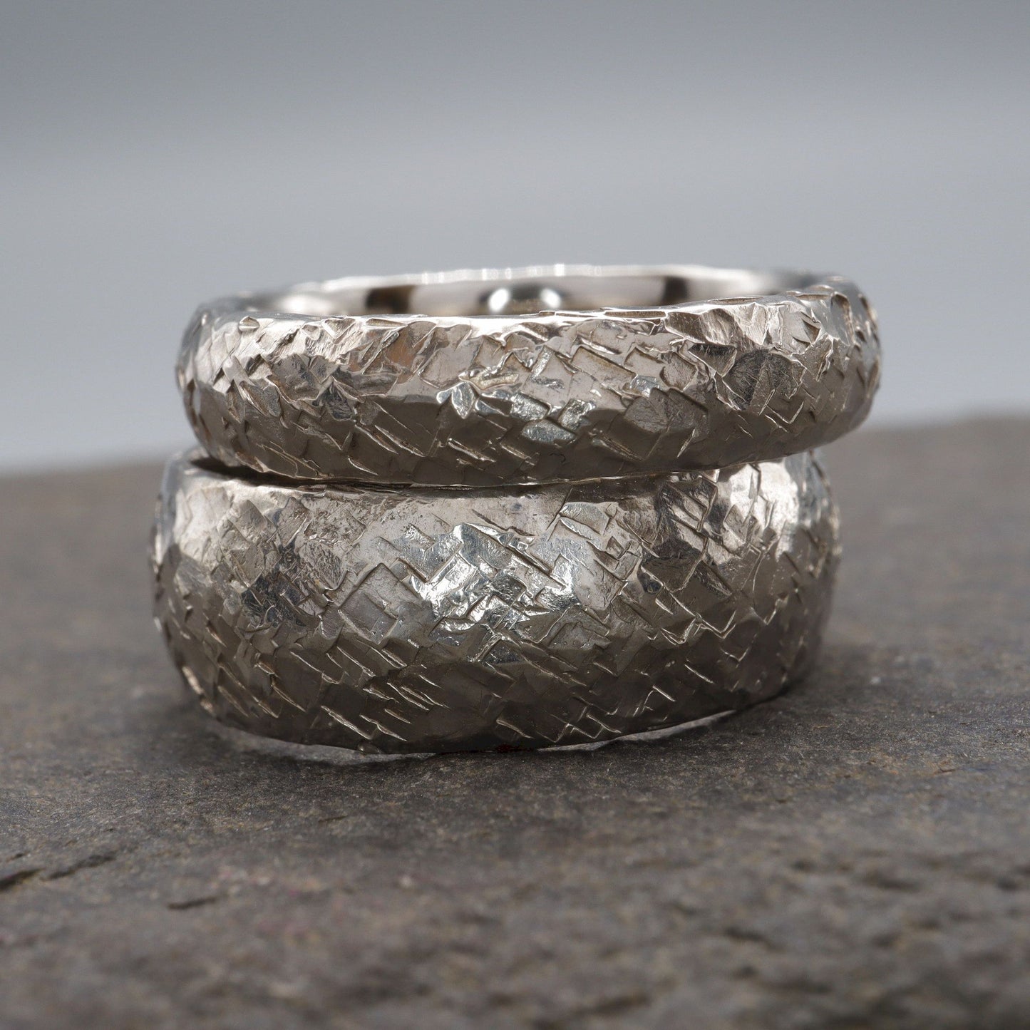 Fire Hammered matching silver ring set, 5mm and 8mm designs.