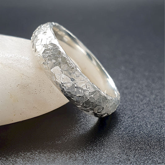 Wedding ring, broad white gold Fire hammered design - Cumbrian Designs