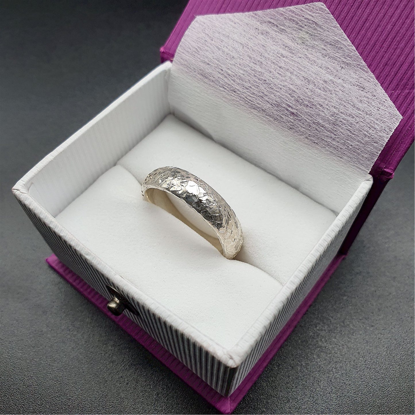 Wedding ring, broad white gold Fire hammered design - Cumbrian Designs