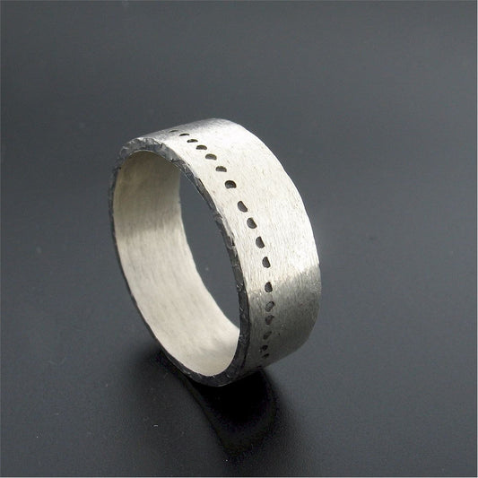 Mens 8mm flat silver wedding ring, Snow Track handmade original design - Cumbrian Designs