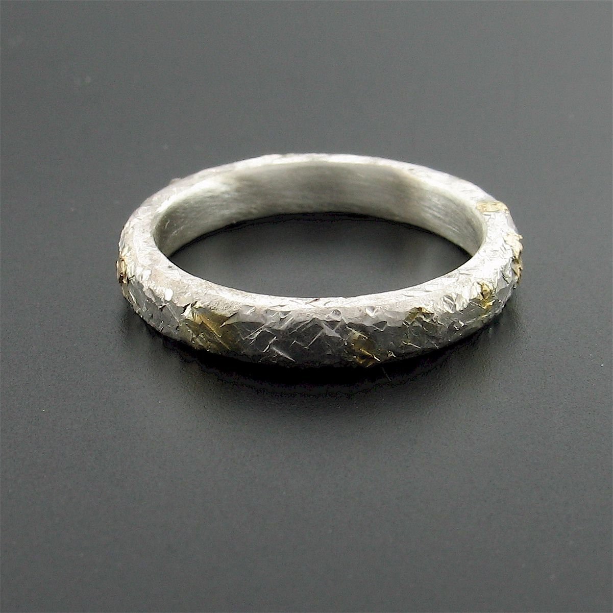 Silver and gold hammered thin wedding ring, Morning View design. - Cumbrian Designs